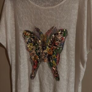 Anthropologie White Short-Sleeve Tee Multicolor Sequin Butterfly Angela Mara